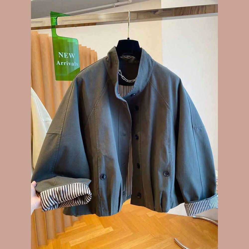 Warm Gray Stand Collar Cropped Windbreaker Jacket with Striped Contrast Cuffs